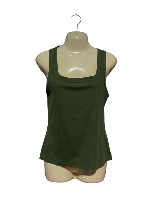 COTTON ON |S| BUST 16| B41| KHAKI OLIVE GREEN RIBBED SQUARE NECK TANK TOP