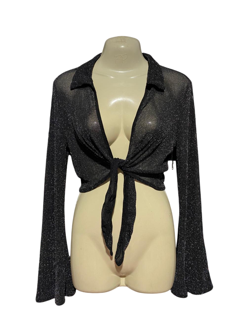 VALLEY GIRL |M| BUST 19| B41| BLACK SHIMMER SHEER TIE-FRONT LONG SLEEVE CROP TOP