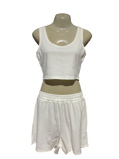|S| B41| OFF-WHITE RIBBED CO-ORD CROP TANK AND SHORTS SET