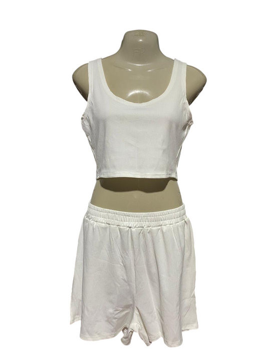 |S| B41| OFF-WHITE RIBBED CO-ORD CROP TANK AND SHORTS SET
