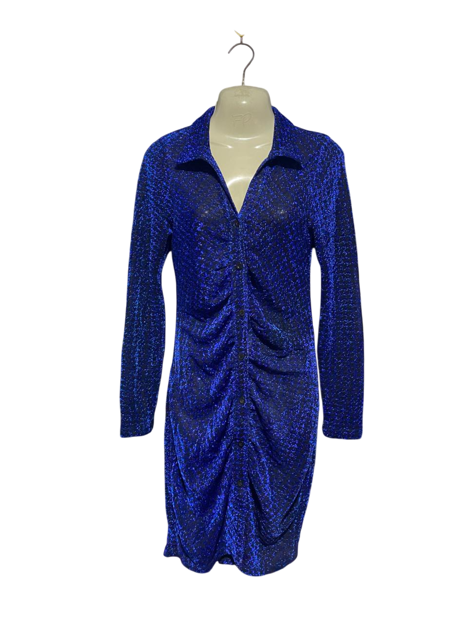 VALLEY GIRL |M| BUST 17| B41| ROYAL BLUE SHIMMER RUCHED BUTTON-DOWN MINI DRESS