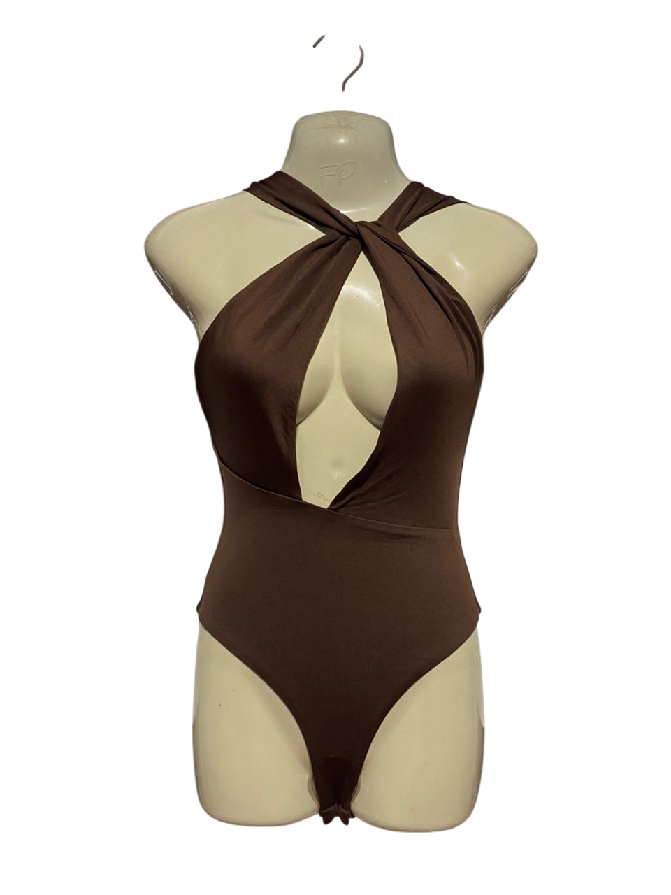 CHARCOAL |XS| BUST 16| B41| CHOCOLATE BROWN CROSSOVER HALTER NECK BODYSUIT