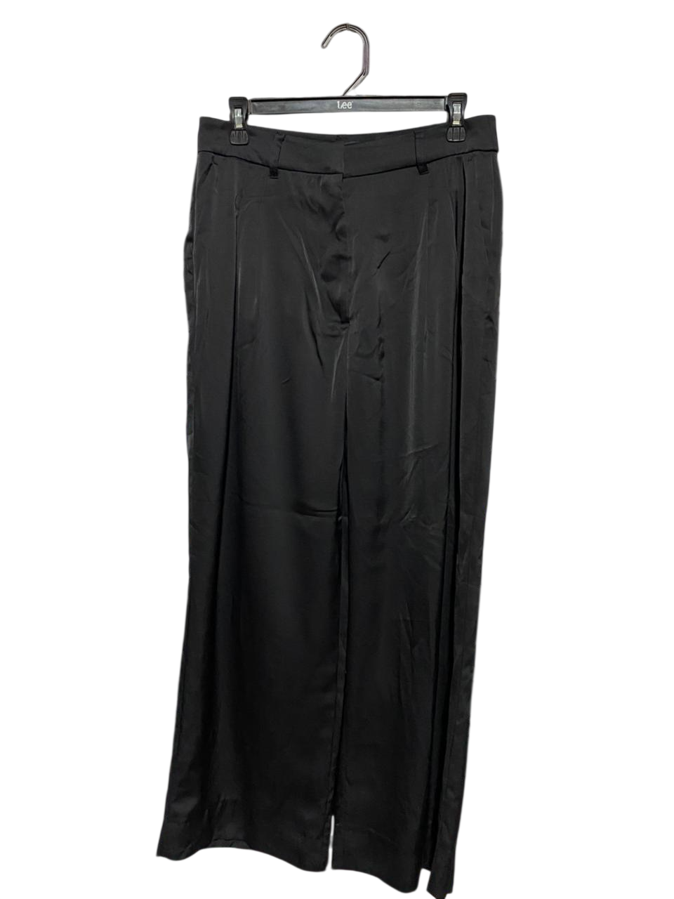 DEJUBA |L| WAIST 30| B41| JET BLACK SATIN WIDE-LEG TAILORED TROUSERS
