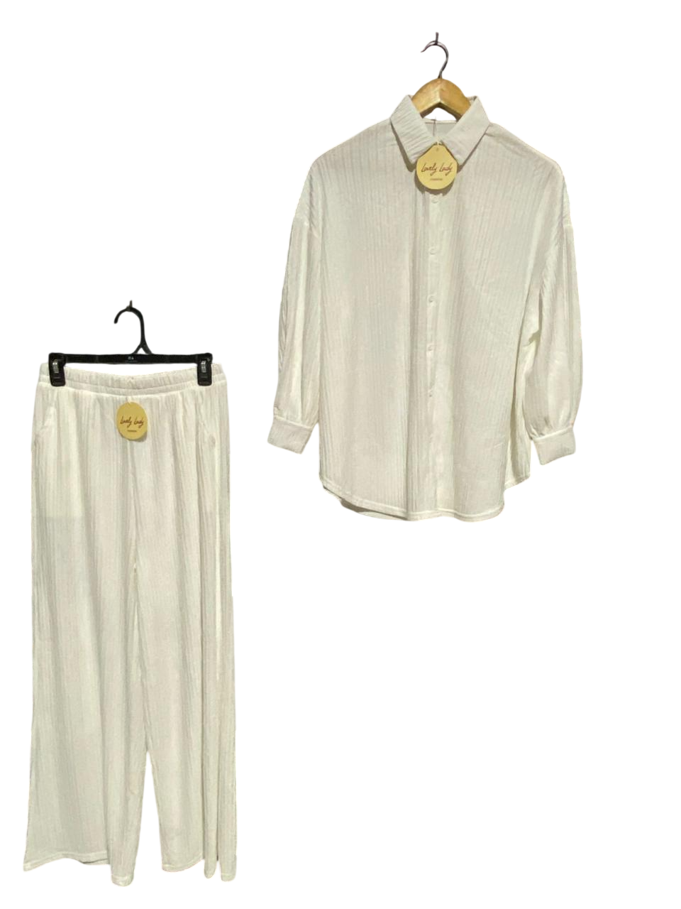 LOVELY LODY |S| B41| OFF-WHITE CRINKLE TEXTURED OVERSIZED BUTTON-DOWN CO-ORD SET