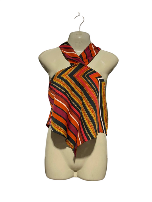 BOOHOO |L| BUST 20| B41| MULTI-COLOR GEOMETRIC PRINT STRAPLESS HALTER NECK TOP
