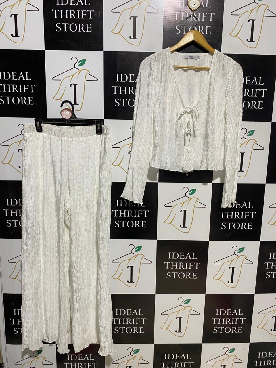 JORGE |M| B41| WHITE CRINKLE PLISSE FRONT-TIE TWO-PIECE CO-ORD SET
