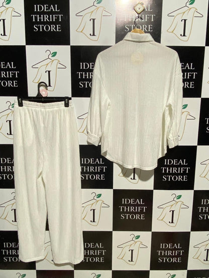 LOVELY LODY |S| B41| OFF-WHITE CRINKLE TEXTURED OVERSIZED BUTTON-DOWN CO-ORD SET