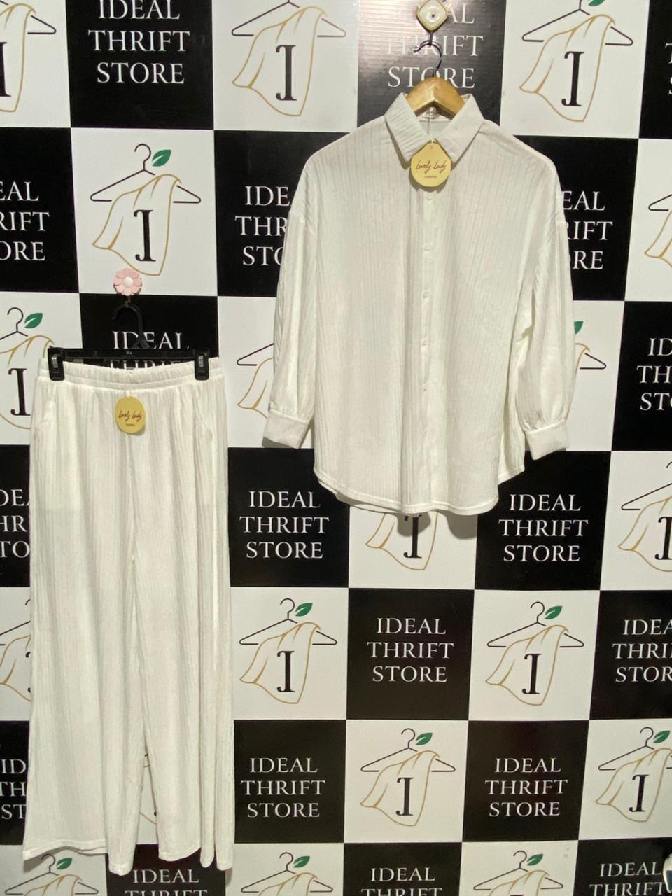 LOVELY LODY |S| B41| OFF-WHITE CRINKLE TEXTURED OVERSIZED BUTTON-DOWN CO-ORD SET