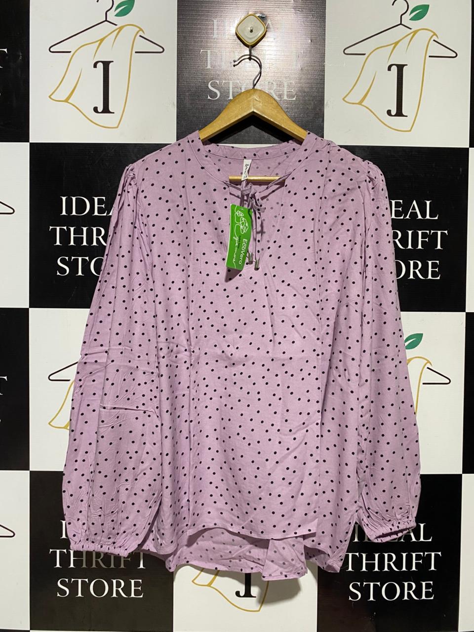 & ME | XL| BUST 25| B41| MAUVE POLKA DOT FRONT-TIE LONG SLEEVE BLOUSE