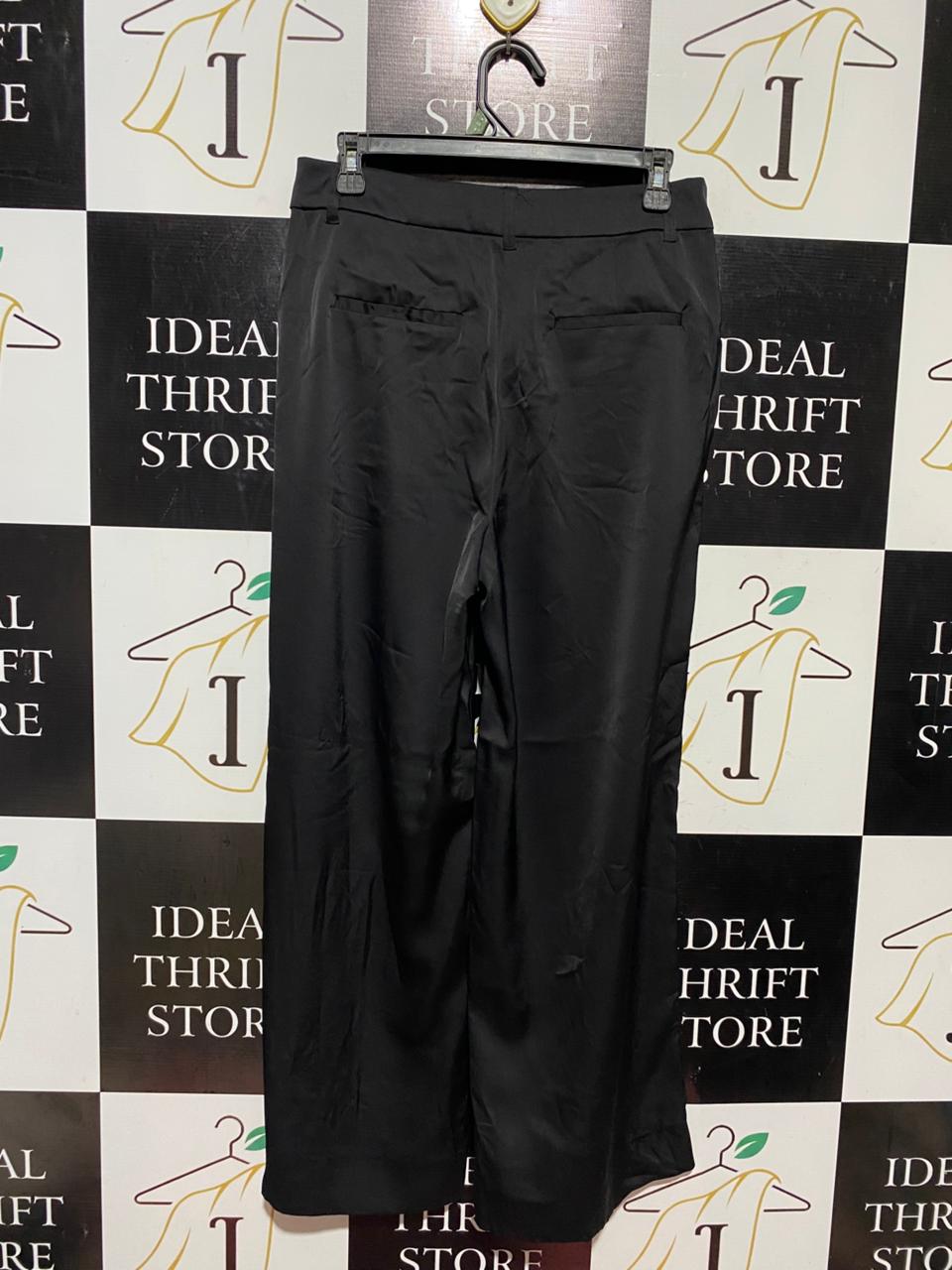 DEJUBA |L| WAIST 30| B41| JET BLACK SATIN WIDE-LEG TAILORED TROUSERS