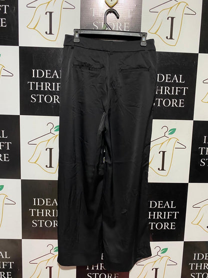 DEJUBA |L| WAIST 30| B41| JET BLACK SATIN WIDE-LEG TAILORED TROUSERS