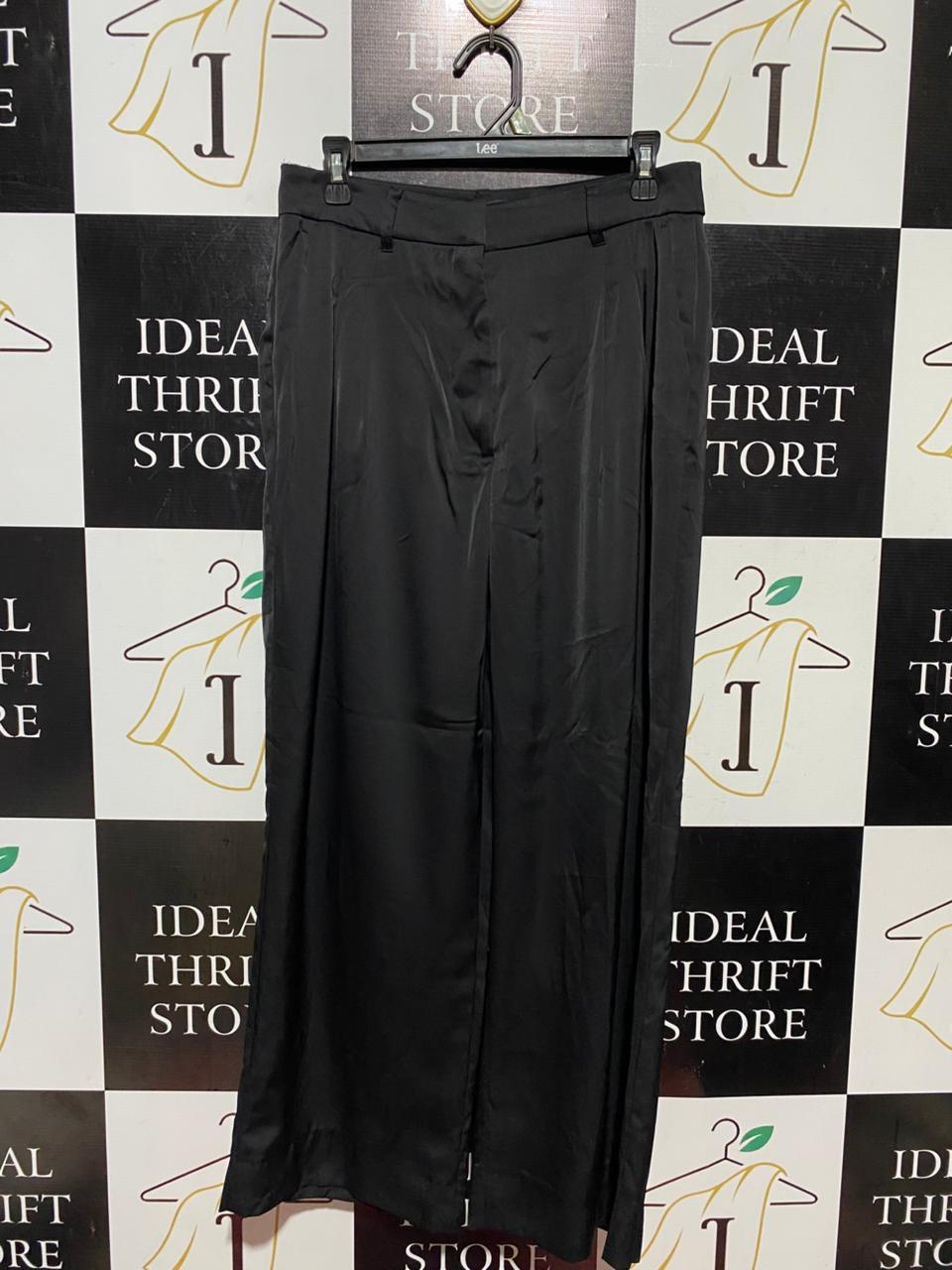 DEJUBA |L| WAIST 30| B41| JET BLACK SATIN WIDE-LEG TAILORED TROUSERS