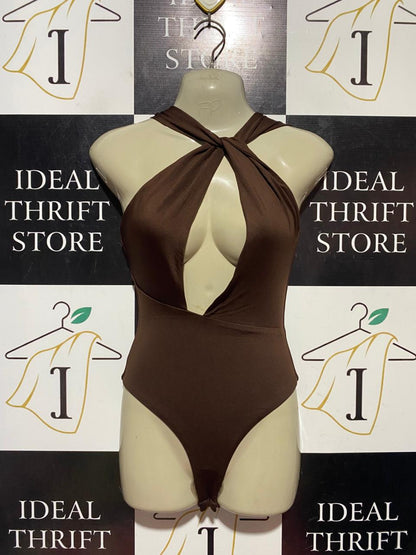 CHARCOAL |XS| BUST 16| B41| CHOCOLATE BROWN CROSSOVER HALTER NECK BODYSUIT