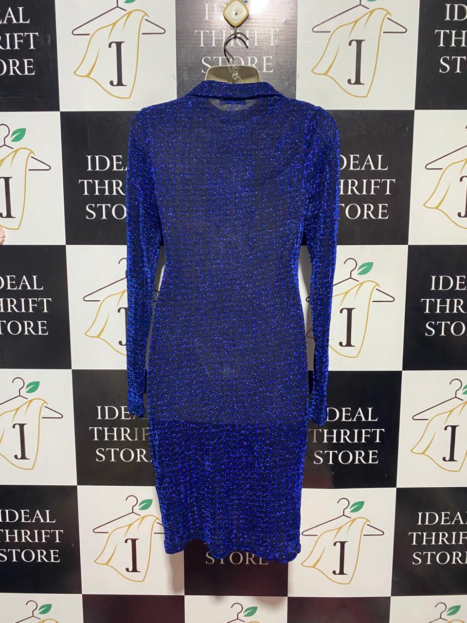 VALLEY GIRL |M| BUST 17| B41| ROYAL BLUE SHIMMER RUCHED BUTTON-DOWN MINI DRESS