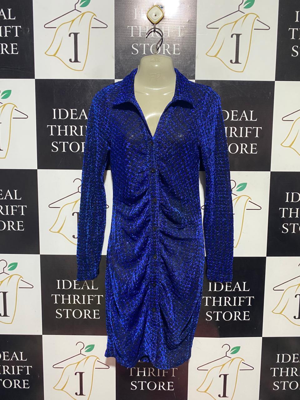 VALLEY GIRL |M| BUST 17| B41| ROYAL BLUE SHIMMER RUCHED BUTTON-DOWN MINI DRESS
