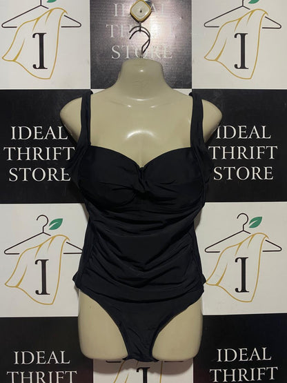 SERRA |M| BUST 18| B41| JET BLACK RUCHED TWIST-FRONT ONE-PIECE SWIMSUIT