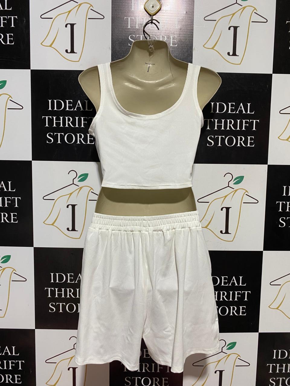 |S| B41| OFF-WHITE RIBBED CO-ORD CROP TANK AND SHORTS SET