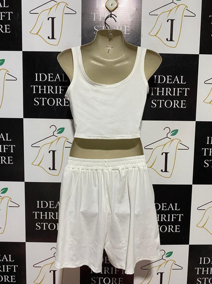 |S| B41| OFF-WHITE RIBBED CO-ORD CROP TANK AND SHORTS SET
