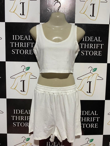 |S| B41| OFF-WHITE RIBBED CO-ORD CROP TANK AND SHORTS SET