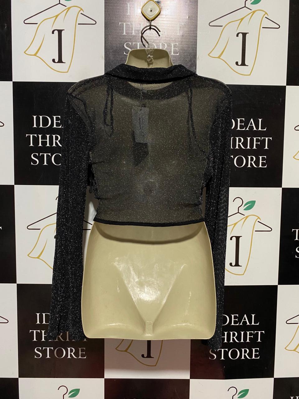VALLEY GIRL |M| BUST 19| B41| BLACK SHIMMER SHEER TIE-FRONT LONG SLEEVE CROP TOP