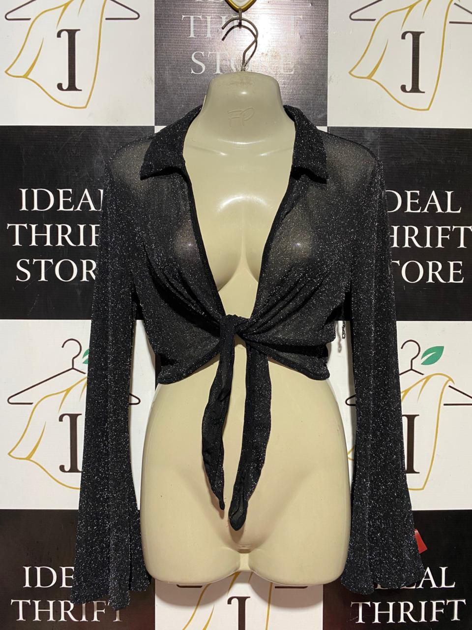 VALLEY GIRL |M| BUST 19| B41| BLACK SHIMMER SHEER TIE-FRONT LONG SLEEVE CROP TOP