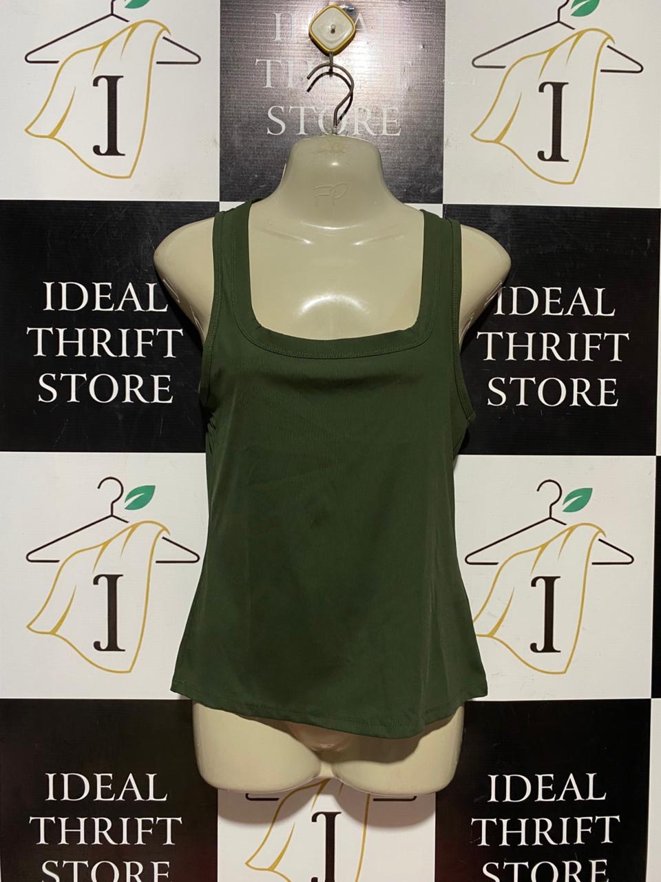 COTTON ON |S| BUST 16| B41| KHAKI OLIVE GREEN RIBBED SQUARE NECK TANK TOP