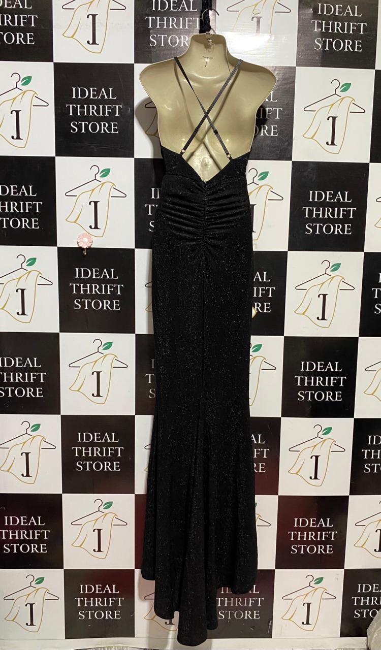 |M| BUST 17| B41| GLITTERY BLACK DEEP V-NECK RUCHED MAXI GOWN WITH SLIT