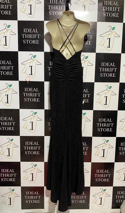 |M| BUST 17| B41| GLITTERY BLACK DEEP V-NECK RUCHED MAXI GOWN WITH SLIT