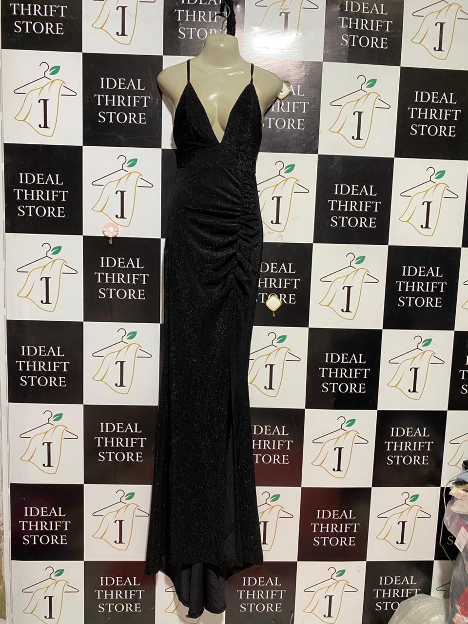 |M| BUST 17| B41| GLITTERY BLACK DEEP V-NECK RUCHED MAXI GOWN WITH SLIT