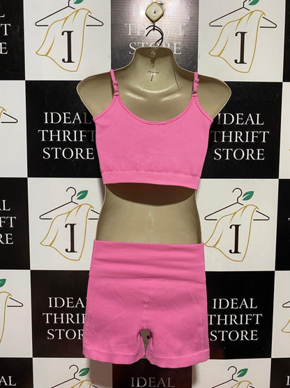 BO TEE |XS| B41| PINK RIBBED ACTIVEWEAR CROP TANK AND SHORTS TWO-PIECE SET