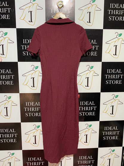 & ME |M| BUST 17| B41| MAROON COLLARED BUTTON-DOWN TEXTURED MIDI DRESS