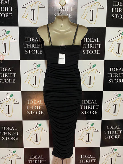SHOW PO |S| BUST 15| B41| BLACK FULLY RUCHED BODYCON MIDI DRESS WITH SPAGHETTI STRAPS