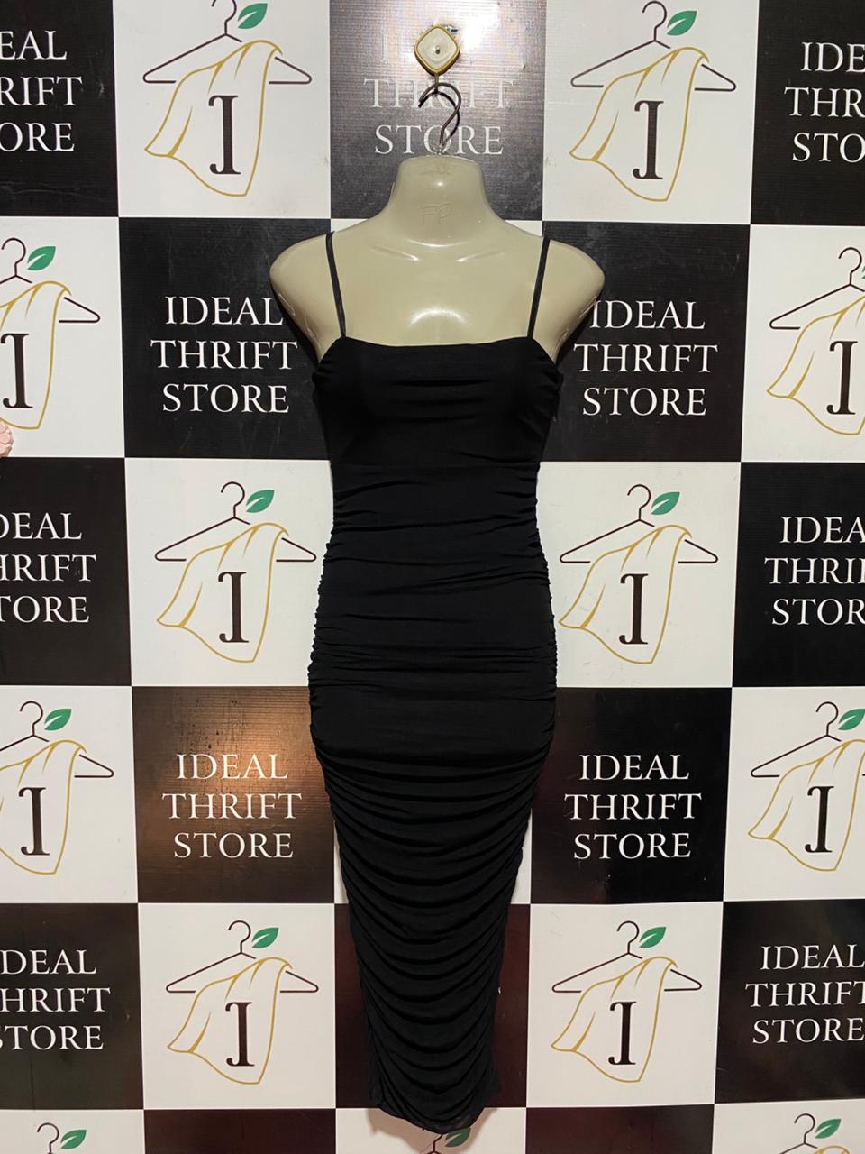 SHOW PO |S| BUST 15| B41| BLACK FULLY RUCHED BODYCON MIDI DRESS WITH SPAGHETTI STRAPS