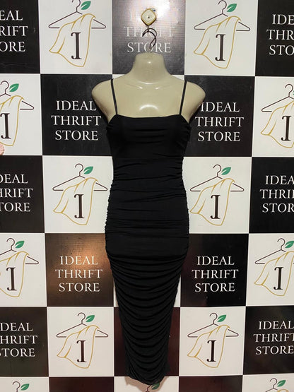 SHOW PO |S| BUST 15| B41| BLACK FULLY RUCHED BODYCON MIDI DRESS WITH SPAGHETTI STRAPS