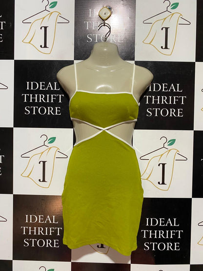 LUVALOT |S| BUST 15| B41| LIME GREEN CRISS-CROSS WAIST CUT-OUT BODYCON MINI DRESS