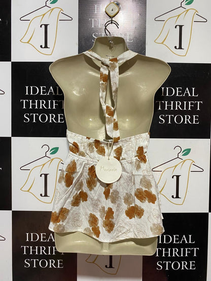 MOOLOOLA |S| BUST 15| B41| FLORAL PRINT PLUNGING V-NECK KNOT FRONT PEPLUM BLOUSE