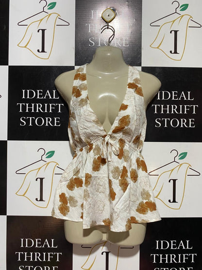 MOOLOOLA |S| BUST 15| B41| FLORAL PRINT PLUNGING V-NECK KNOT FRONT PEPLUM BLOUSE