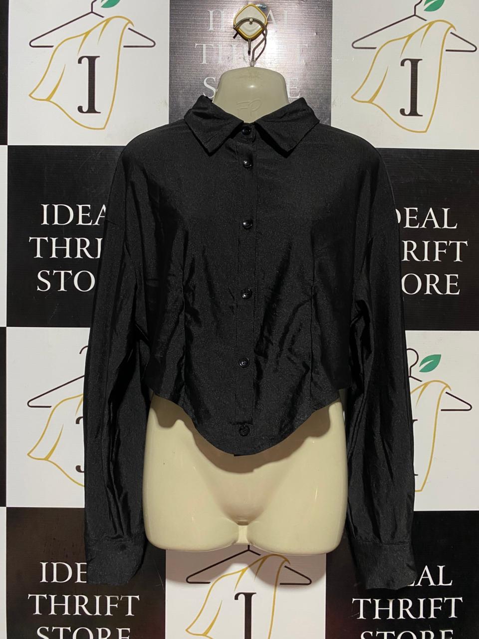 SHEIN |M| BUST 20| B41| SOLID BLACK CROPPED ASYMMETRICAL BUTTON-DOWN LONG SLEEVE SHIRT