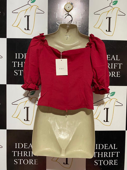 AMY |M| BUST 16| B41| SOLID DEEP RED MILKMAID PUFF SLEEVE CROPPED BLOUSE