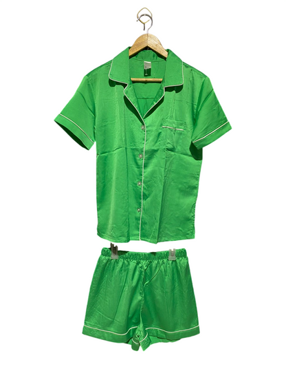 ANKO |S| B41| VIBRANT KELLY GREEN TWO-PIECE PYJAMA SET SHORT SLEEVE BUTTON UP SHIRT AND SHORTS