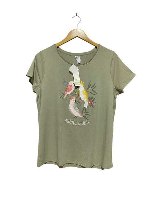 ANKO |L| BUST 20| B41| SAGE GREEN 'FALALA GALAH' AUSTRALIAN BIRDS GRAPHIC T-SHIRT