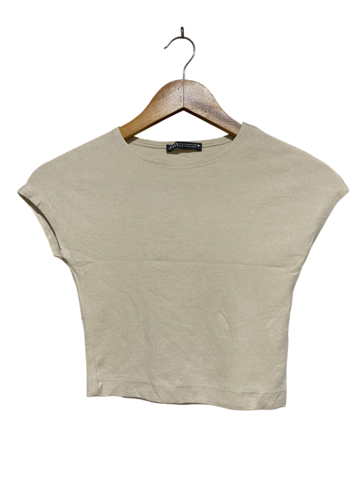ZARA |M| BUST 13| B41| BEIGE OATMEAL SHORT SLEEVE CAP SLEEVE CREWNECK CROPPED T-SHIRT BLOUSE TOP