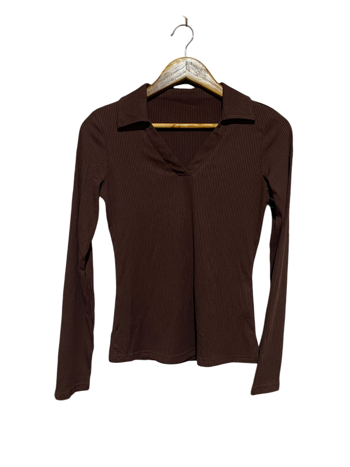 |S| BUST 16| B41| CHOCOLATE BROWN RIBBED LONG SLEEVE COLLARED V-NECK TOP BLOUSE