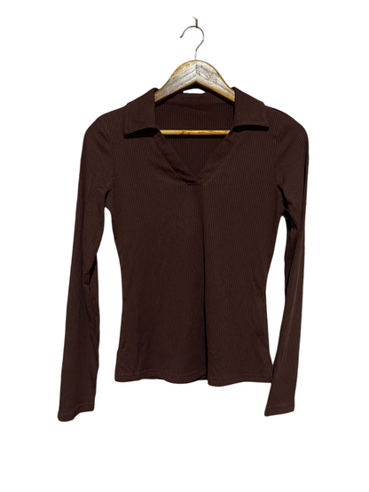 |S| BUST 16| B41| CHOCOLATE BROWN RIBBED LONG SLEEVE COLLARED V-NECK TOP BLOUSE