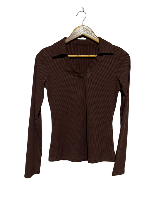 |S| BUST 16| B41| CHOCOLATE BROWN RIBBED LONG SLEEVE COLLARED V-NECK TOP BLOUSE