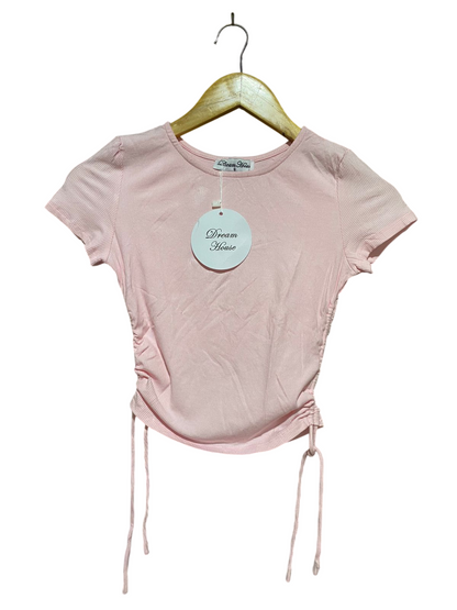 DREAM HOUSE |S| BUST 13| B41| BABY PINK RIBBED SHORT SLEEVE RUCHED DRAWSTRING CROP TOP