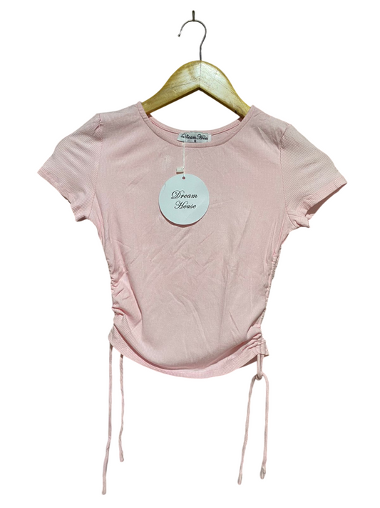 DREAM HOUSE |S| BUST 13| B41| BABY PINK RIBBED SHORT SLEEVE RUCHED DRAWSTRING CROP TOP