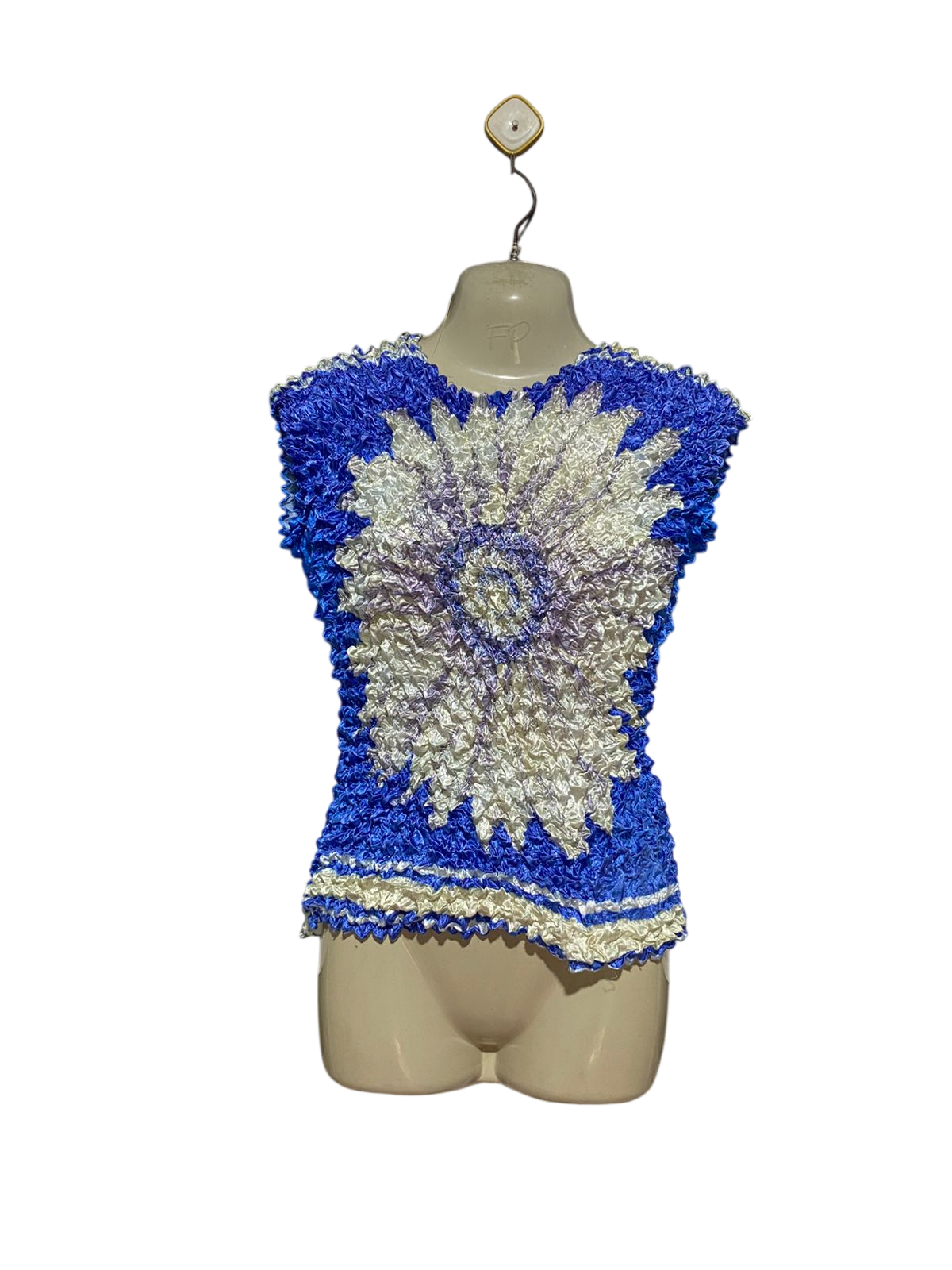 |S| BUST 17| B41| POPCORN SHRINK TOP ROYAL BLUE SUNFLOWER CRUMPLE STRETCH BLOUSE