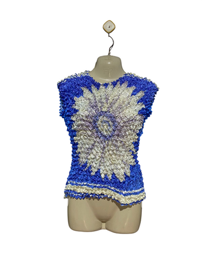 |S| BUST 17| B41| POPCORN SHRINK TOP ROYAL BLUE SUNFLOWER CRUMPLE STRETCH BLOUSE