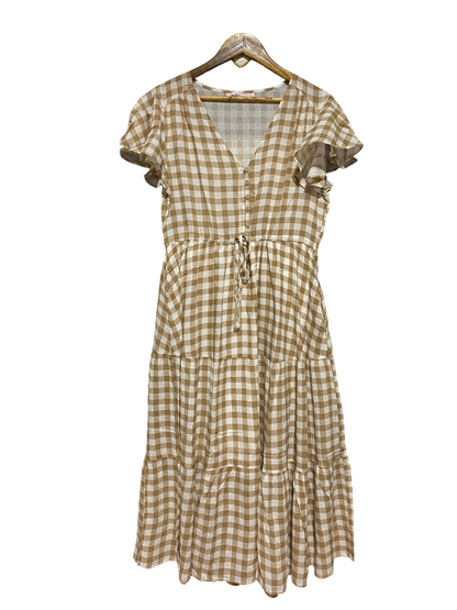 BOHO |L| BUST 19| B42| STYLE BROWN AND WHITE GINGHAM CHECK TIERED MIDI DRESS WITH RUFFLE SLEEVES